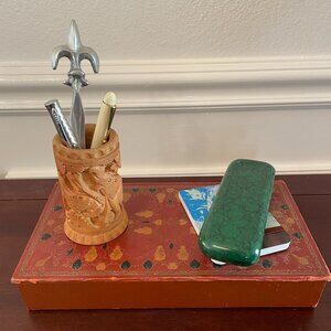 Wood Pencil/Pen Cup | Handcarved in India | Jungle Animals Design